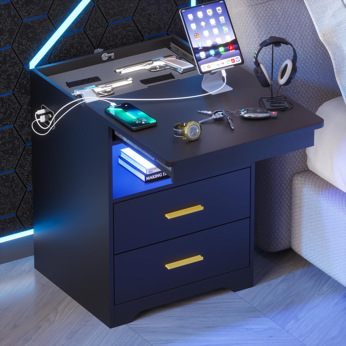 Gurexl LED Nightstand with Gun Drawer, Modern Beside Table with Charging Station, Auto Sensor 3 Color Dimmable Night Stand with Open Compartment for Bedroom Gurexl