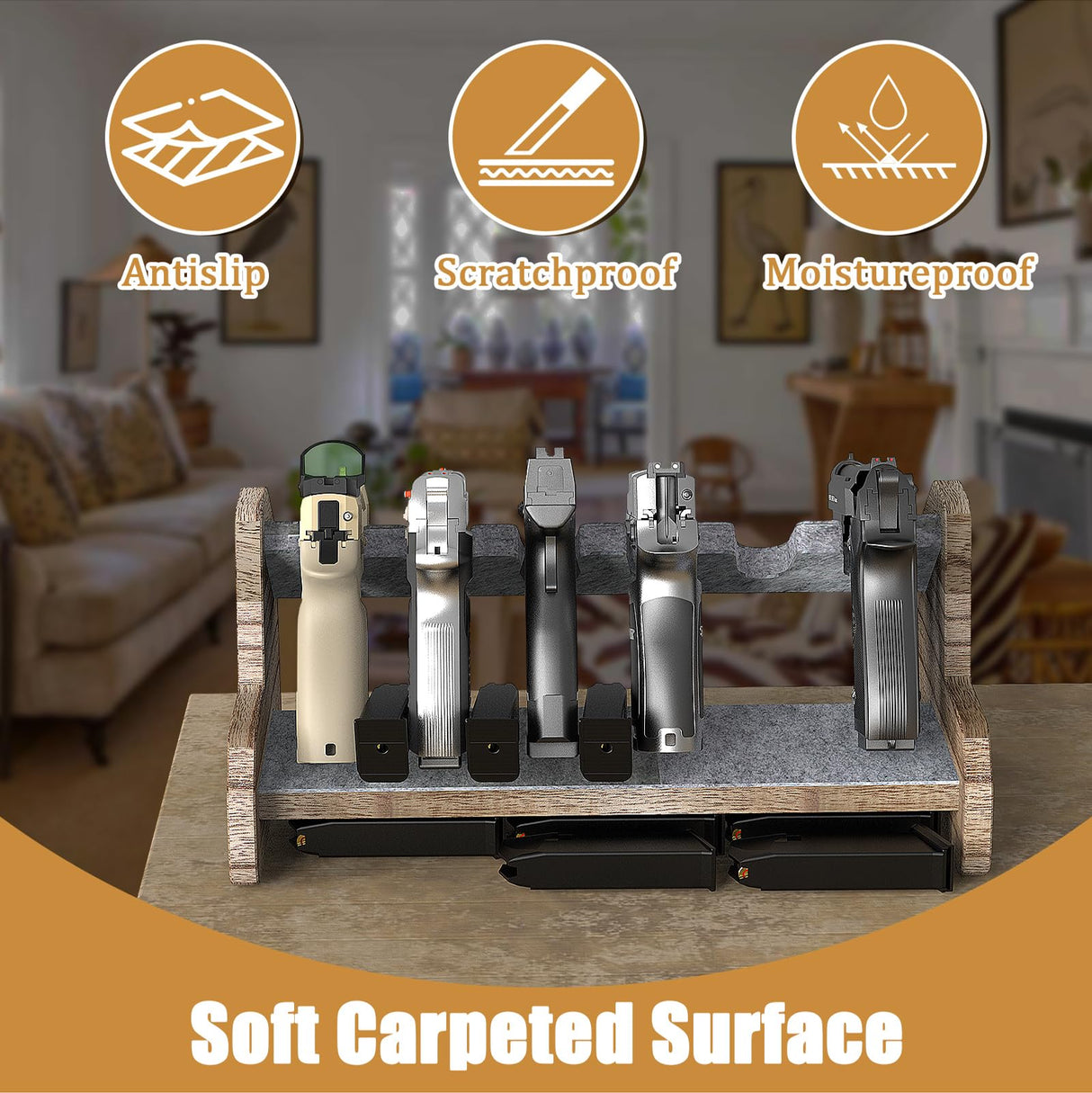 Aoanoko Pistol Rack for Gun Safe, Handgun Rack with Non Slip Carpeted Surface, Pure Wood Made Pistol Stand for Gun Cabinet Storage Pistol Storage, 6 Slots Pistol Stand Aoanoko