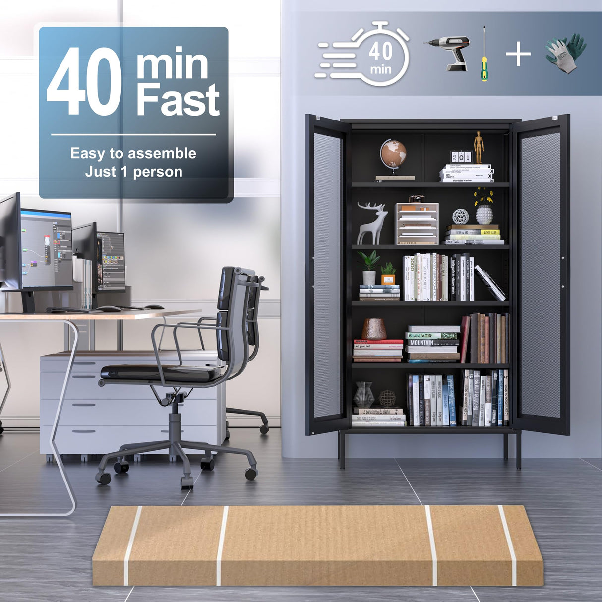 YAUWOH Metal Display Cabinet with Mesh Door,Metal Storage Cabinet with 4 Adjustable Shelves,73" H Kitchen Pantry Storage Cabinet for Collectibles,Home Office,Living Room,Gaming Room(Black) YAUWOH