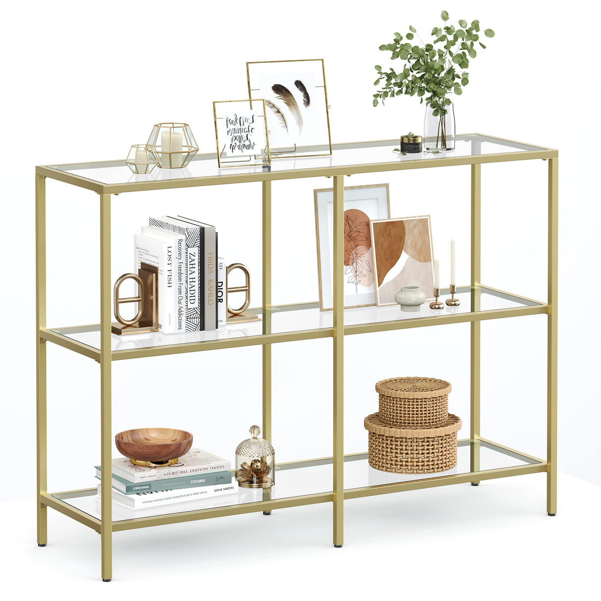 VASAGLE 39.4 Inch Console Table with 3 Shelves, Sofa Table, Entryway Table, Metal Frame, Tempered Glass Shelf, Modern Style, for Entryway Living Room Bedroom, Metallic Gold and Transparent ULGT27G VASAGLE