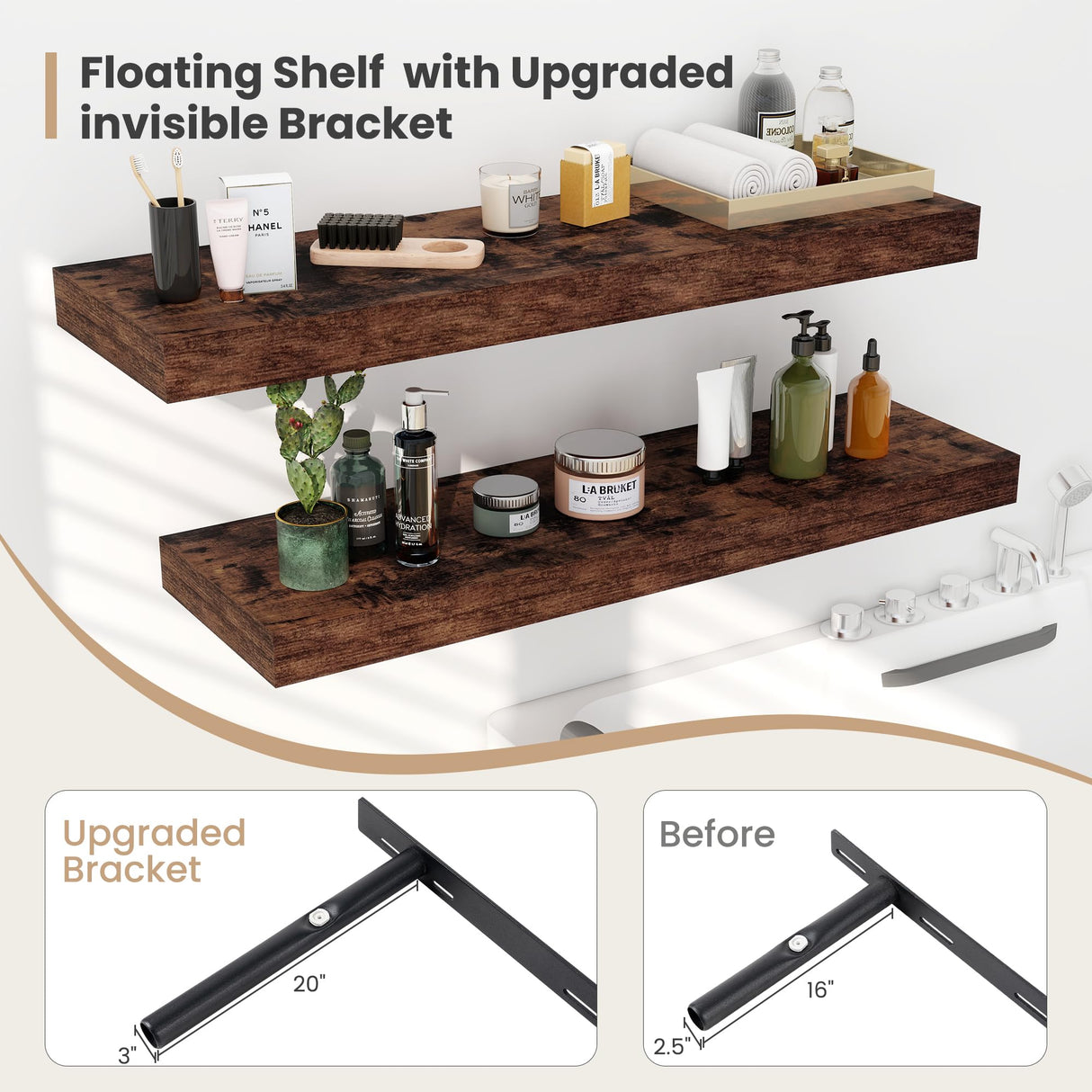 Heimlove 12" Deep Floating Shelves, 36 x 12 Inch Wall Mounted Long Floating Shelf with Invisible Brackets, for Home Decor, Bedroom, Kitchen, Living Room, Bathroom - 2 Pack, Rustic Brown Heimlove