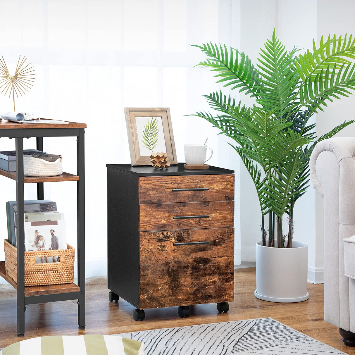 HOOBRO 3-Drawer File Cabinet, Wooden Under Desk Filing Cabinet, fits A4/Letter Size for Home Office, Small Rolling File Cabinet, Printer Stand, Hanging File Folders, Rustic Brown and Black BF02WJ01G1 HOOBRO