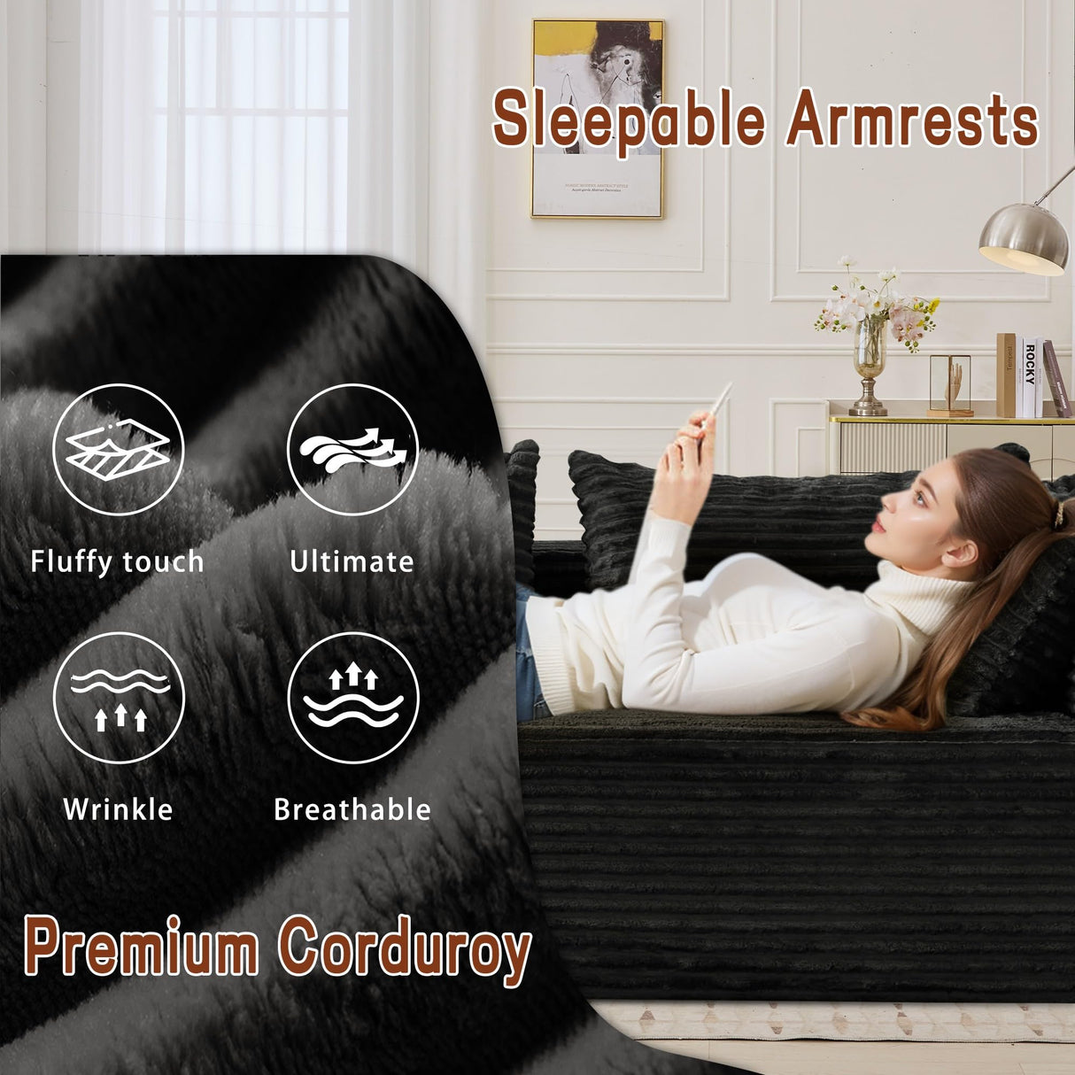 Korser 108" Sectional Couches for Living Room, Modular Sectional Sofa with L-Shape Chaise, Cloud Couch, Comfy Corduroy Fluffy Couch with Deep Seat and Side Pockets, No Assembly Required Korser