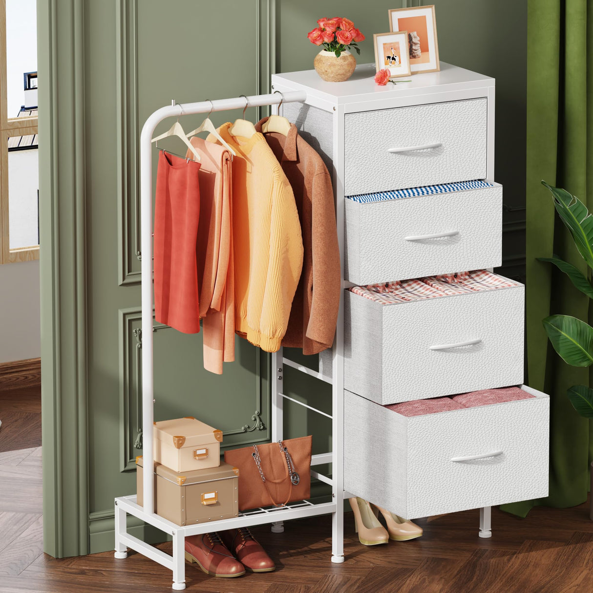 HIGDBFE Dresser with Hanging Rack, 4 Drawers Small Dresser for Bedroom, Reversible Fabric Kids Chest of Drawers for Closet with Clothes Rack, Tall Storage Tower, Sturdy Frame, White, 44''H HIGDBFE