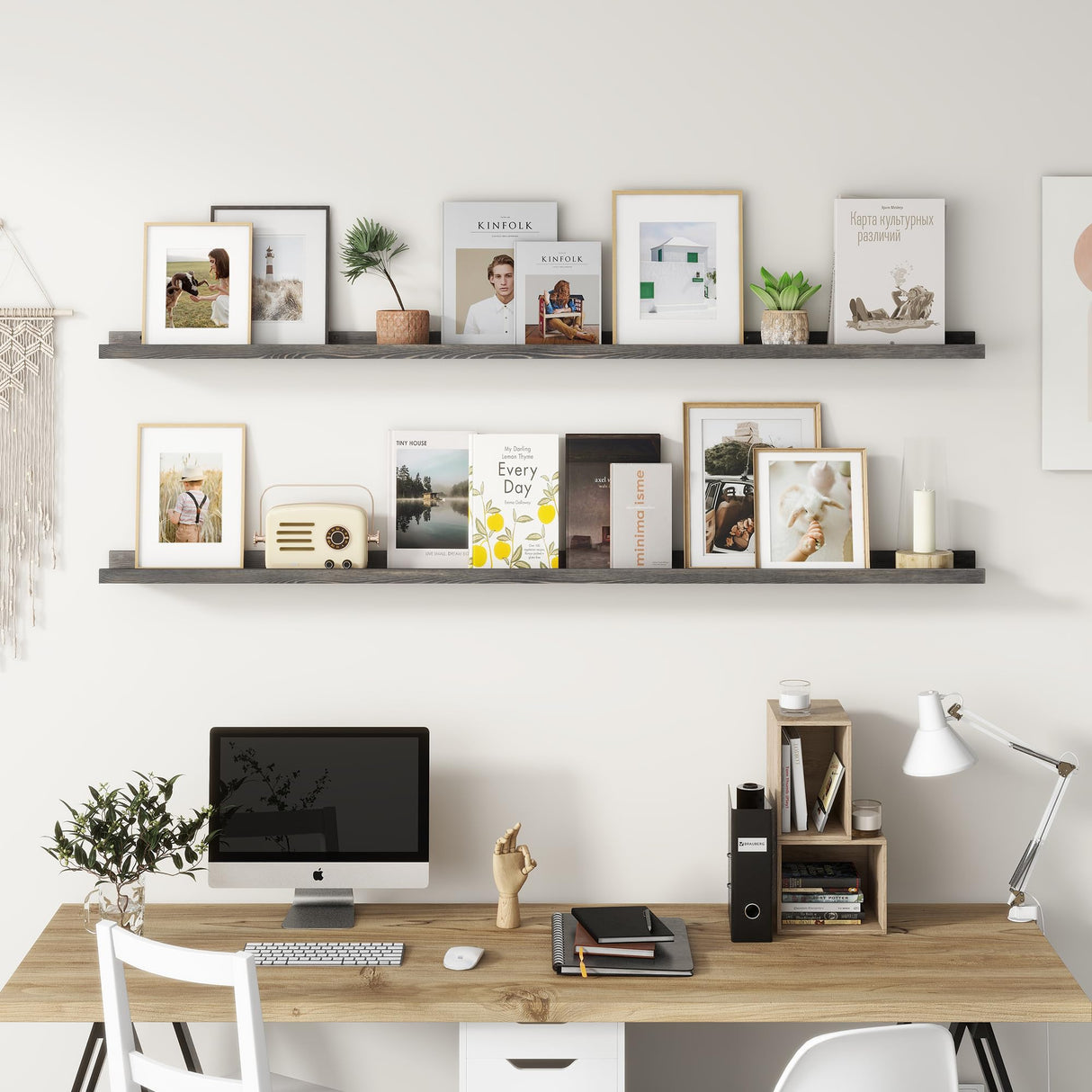 FLYJOE 72'' Floating Picture Ledge Shelf Set of 2 in Weathered Grey - Solid Pine Wood Nursery and Living Room Storage FLYJOE