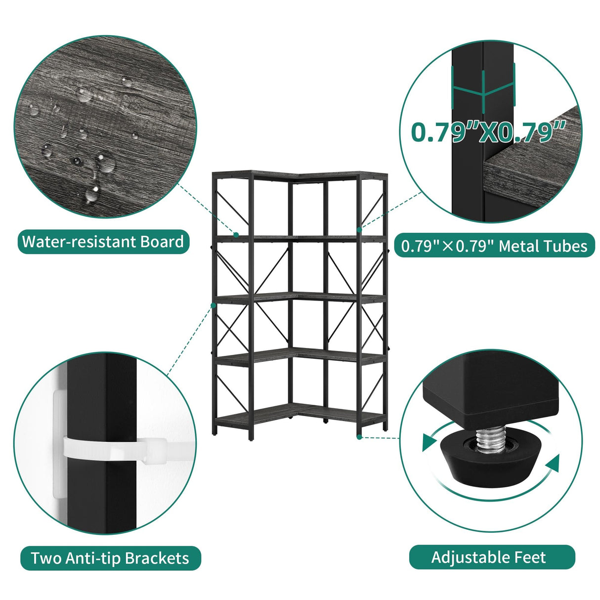 YITAHOME 5-Tier Industrial Corner Bookshelf in Charcoal Gray and Black YITAHOME