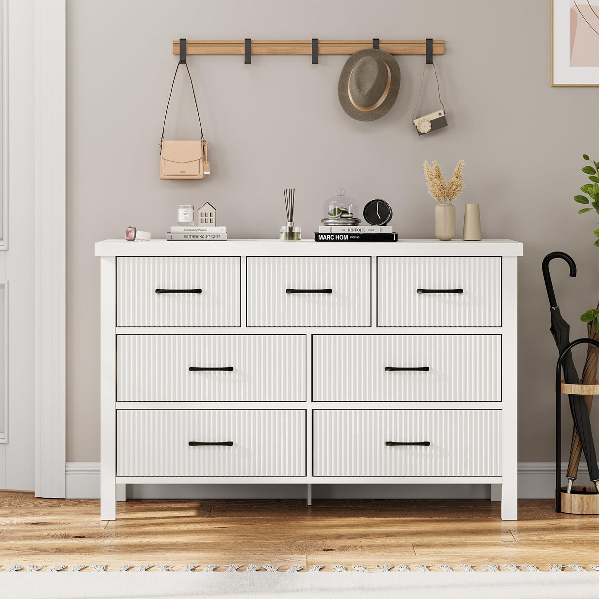 Jocoevol White Dresser 7 Drawer Dresser for Bedroom, Modern Fluted Dresser with Solid Wood Legs, Long Double Wooden Dresser Large Chest of Drawers for Living Room, Entryway, Hallway (White Fluted) Jocoevol