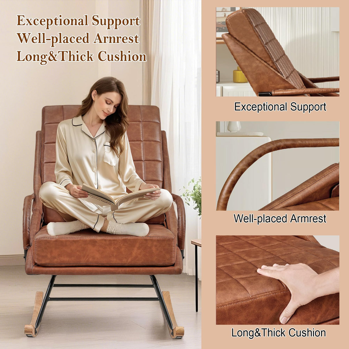 VECELO Rocking Chair Nursery, Over Size Leather Glider Rocker with High Backrest, Upholstered Removable Back, Brown VECELO