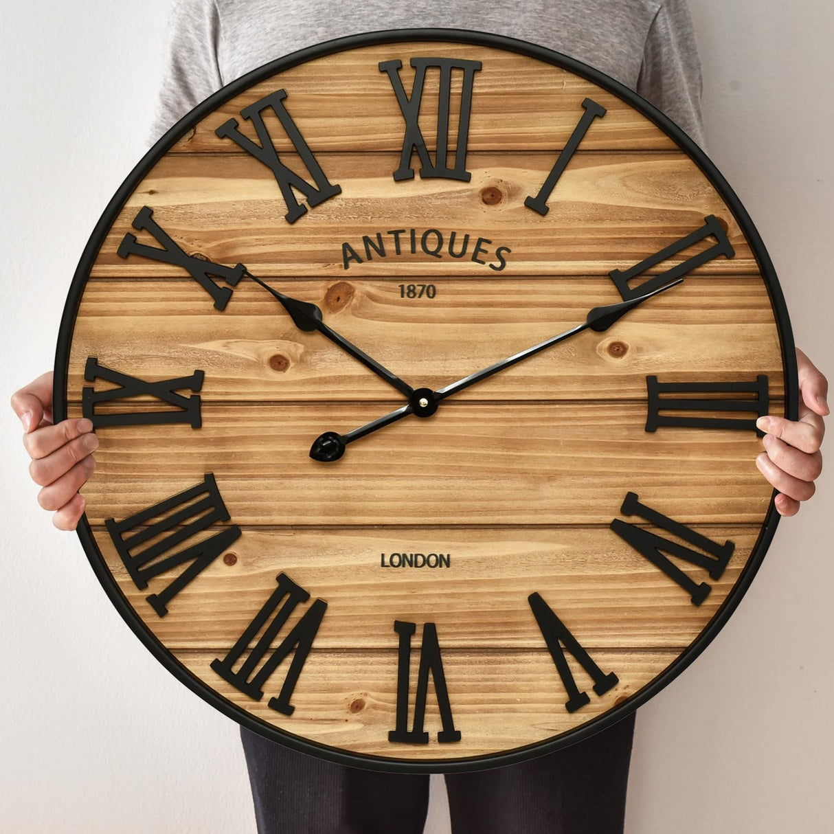 24 Inch Farmhouse Wall Clock - Antique Rustic Wood Finish, Silent Battery-Operated Timepiece with Stylish Decor for Home, Office, Kitchen, Bedroom & Living Room EMAX HOME