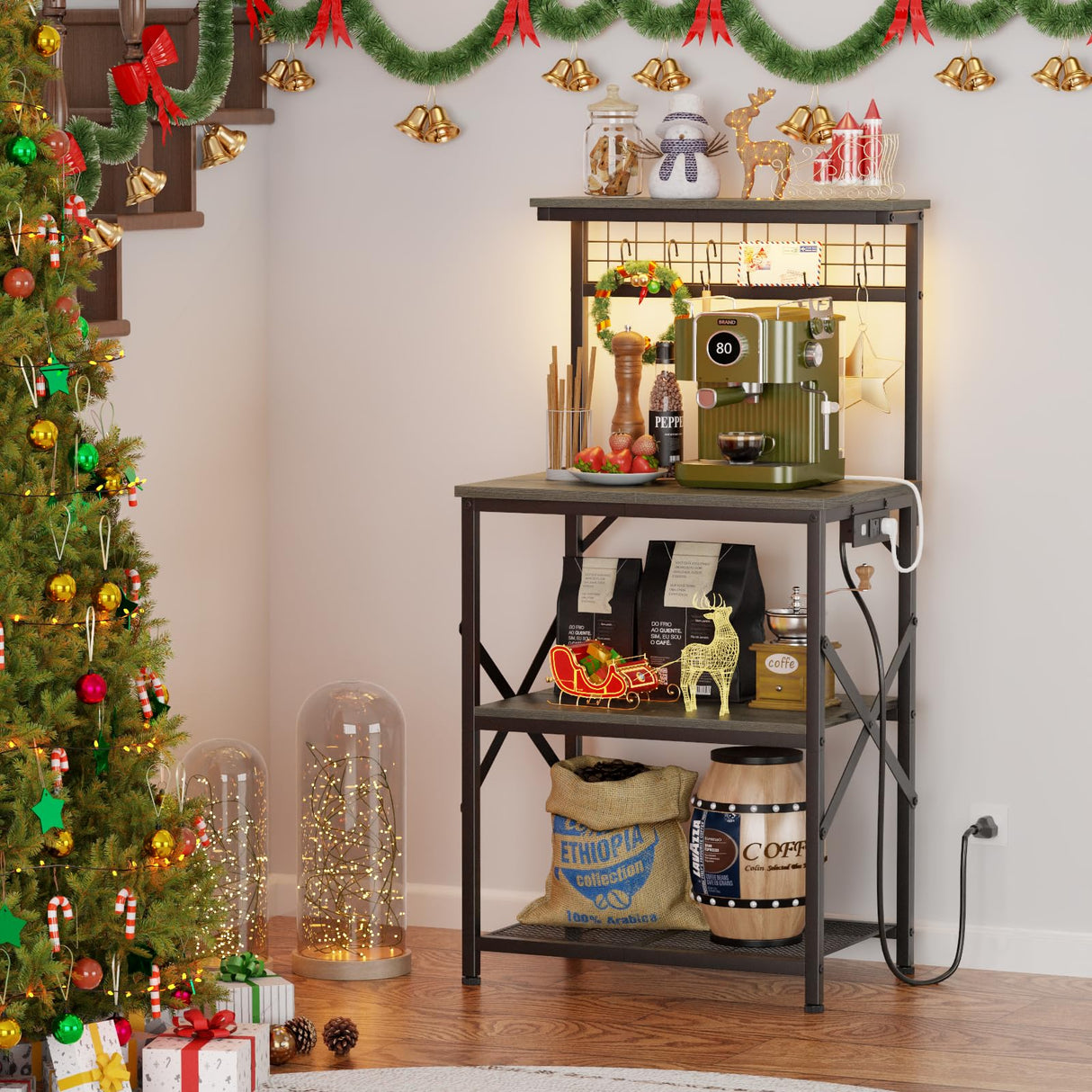 Furologee Bakers Rack with Power Outlet and LED Light, Small Coffee Bar Station with 4 Tier Shelves, Microwave Stand Table with 6 S Hooks, Kitchen Storage Rack for Spices, Pots, Black Oak Furologee