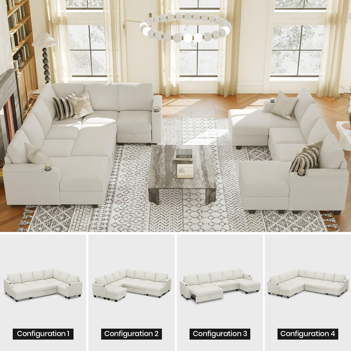 Belffin Sleeper Sofa Modular Sectional Pull Out Couch Bed U Shaped Sofa Couch for Living Room with Storage Chaise. White Belffin