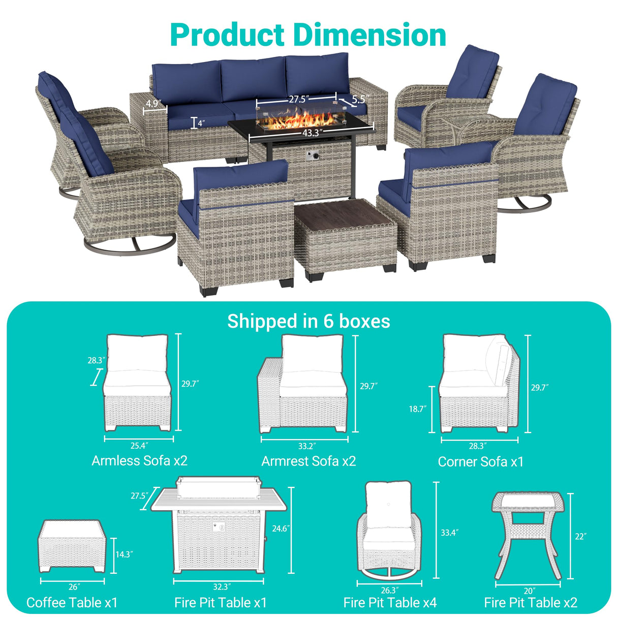 Muphyers 13-Piece Outdoor Patio Furniture Set with Rocking Swivel Chair, PE Wicker Rattan Sectional Sofa Patio Conversation Set with 55,000 BTU Fire Pit Table & Coffee Table, Navy Blue Muphyers