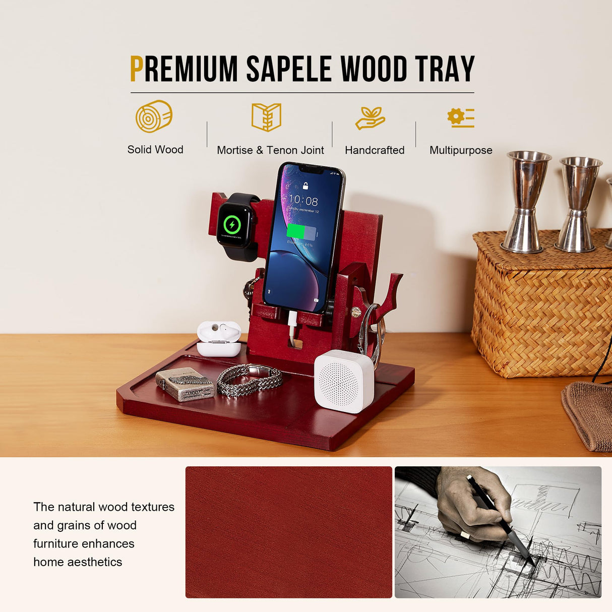 OneTigris Wood Phone Docking Station, Gifts for Men Nightstand Organizer Desk Organizer Beside Wallet Tray Watch Stand with Gun Rack, Anniversary Birthday Gifts for Dad Husband Boyfriend Fathers' Day OneTigris