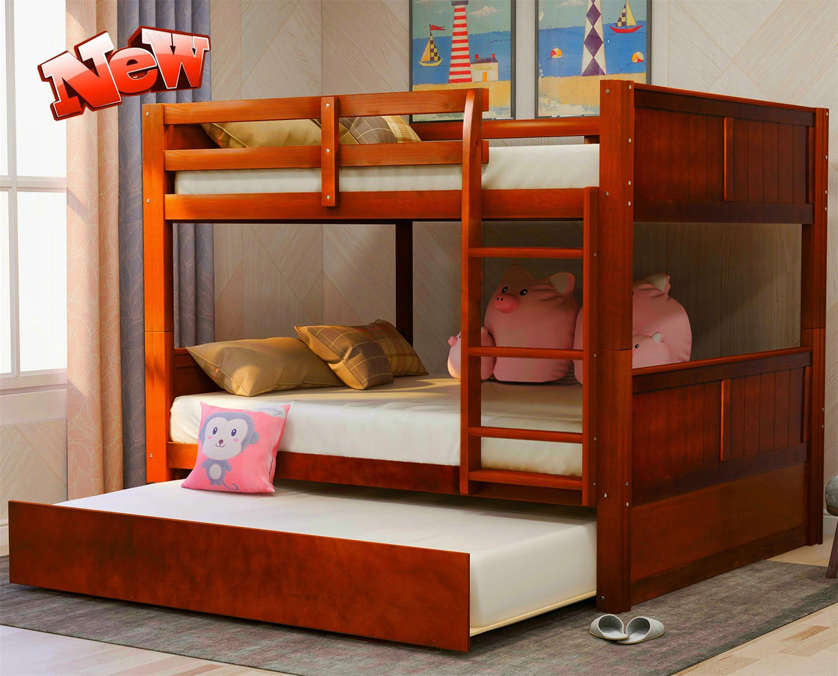 TSAMPA Latest Upgraded & Stronger Convertible Solid Wood Full Over Full Bunk Bed with Trundle, More Stable Thicken Heavy Duty Bunk Bed Frame Full Over Full Size Bunkbed (Easier to Assemble) (Walnut) TSAMPA
