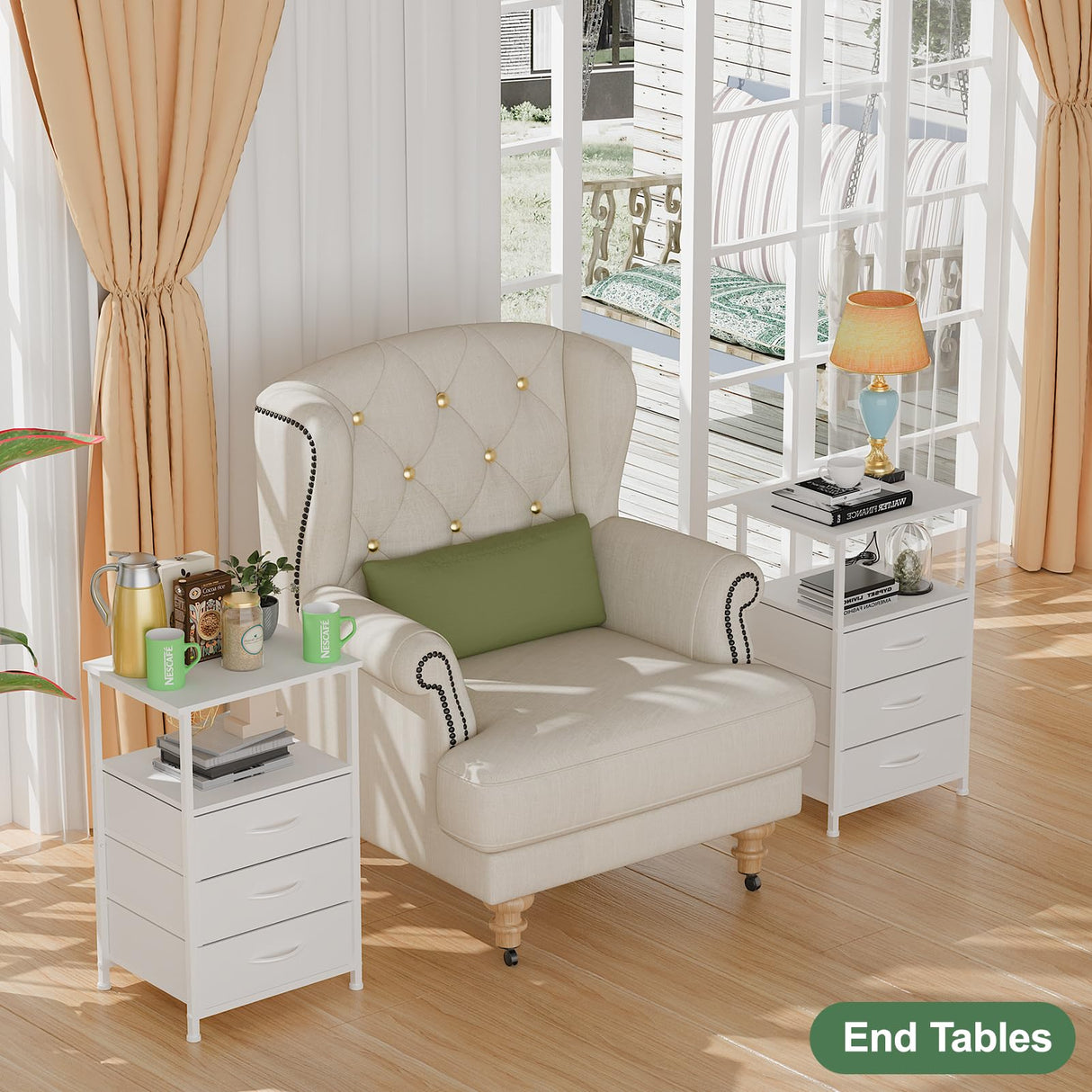 Dicasser Nightstand with Drawers,White NightStand with LED Light, Bedside Table with 3 Fabric Drawers for Bedroom, Modern Night Stand for Small Spaces,White Dicasser