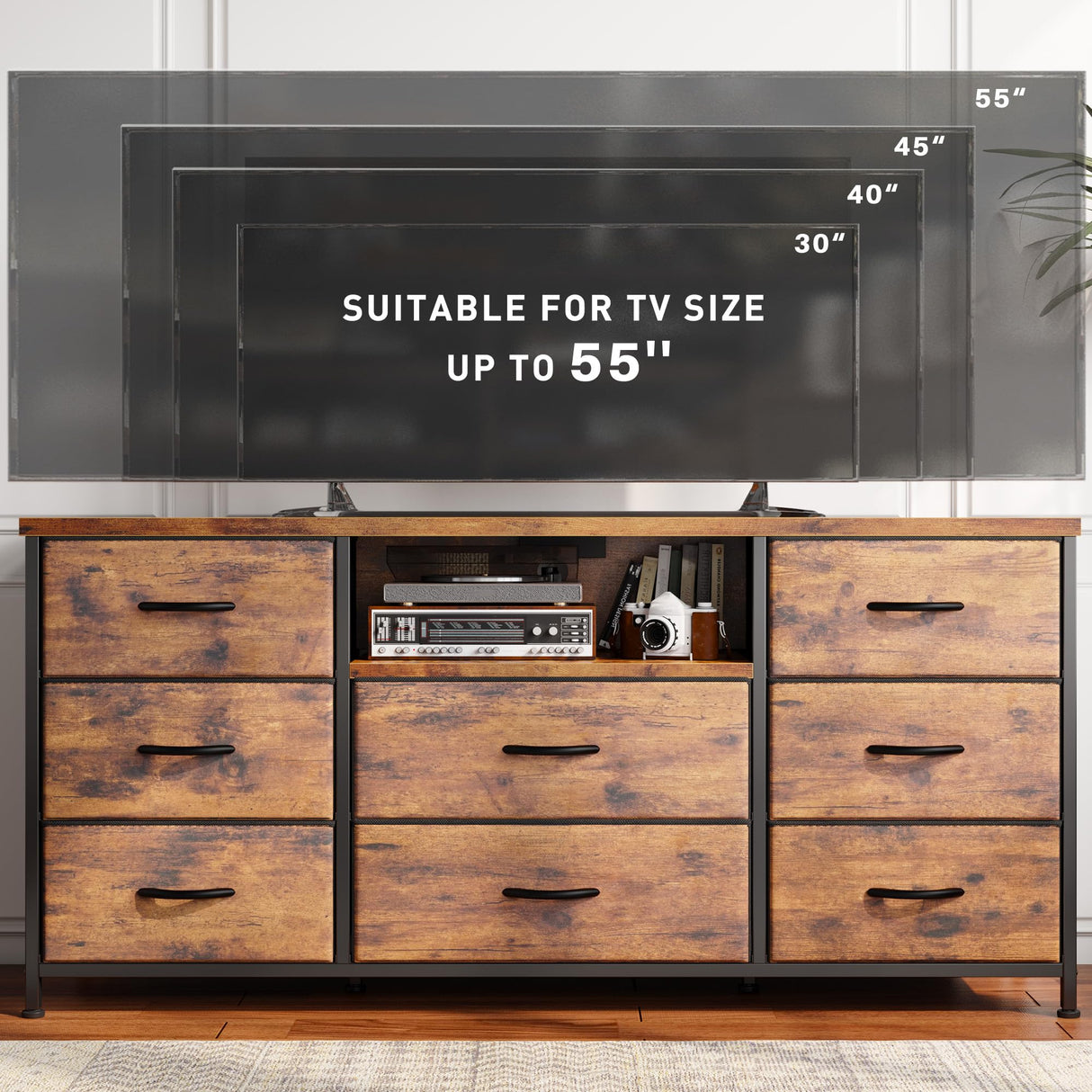 EnHomee Dresser for Bedroom with Power Outlets, 55" TV Stand Dresser with 8 Drawers, Fabric Dressers & Chest of Drawers for Living Room, Entryway, Rustic Brown EnHomee