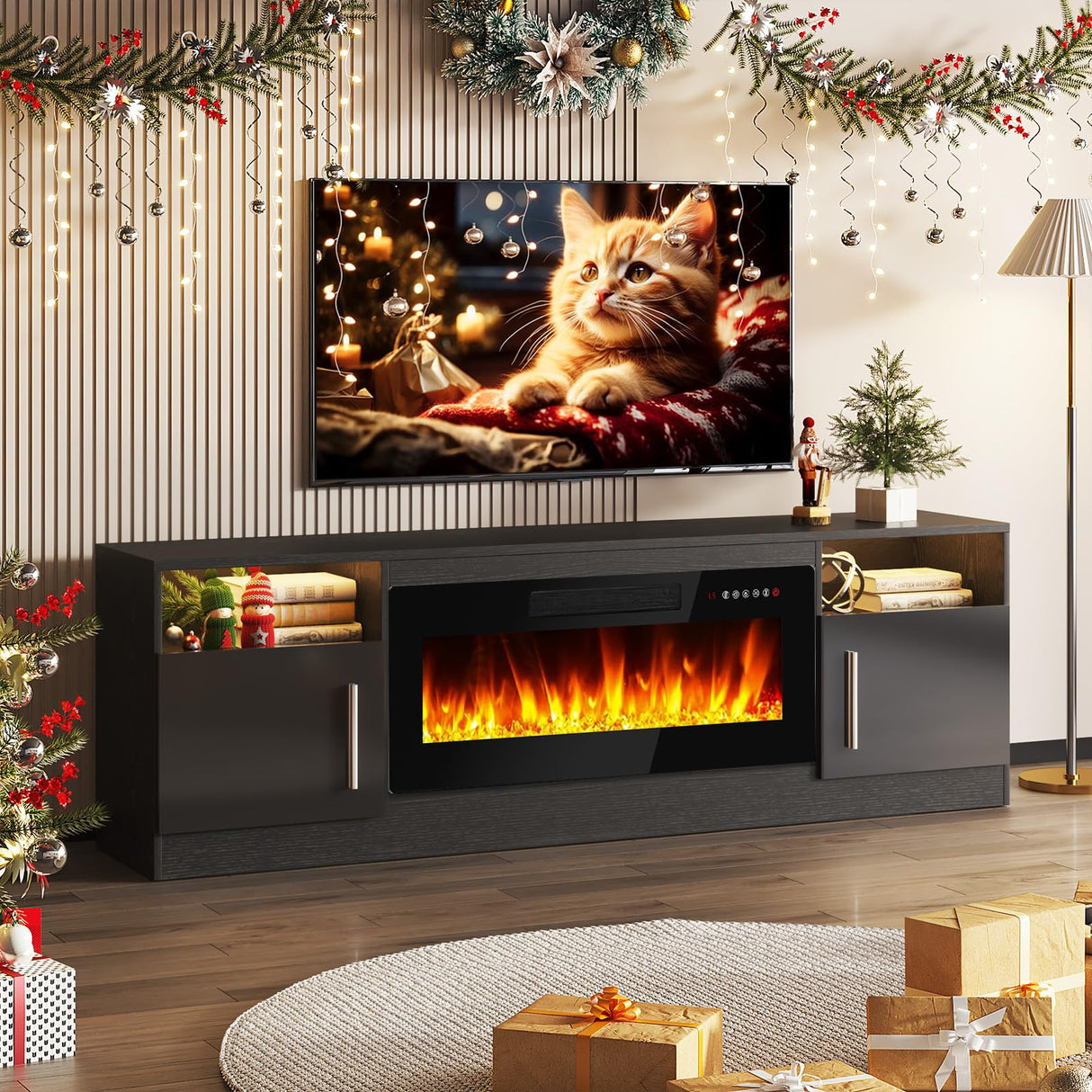 Tavata Fireplace TV Stand Entertainment Center with 36" Fireplace, 70" Wooden TV Stand for TVs Up to 80",Media TV Console with High Gloss Storage Cabinet and 16 Colors LED Lights (Black) TAVATA