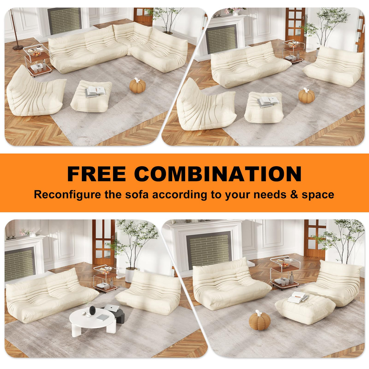 Full Foam Loveseat Sofa,Adults Bean Bag Chairs Floor Couch with Soft Waterproof Fabric,Armless Fireside Lounge Chair for Living Room,Apartment and Office (Whtie) Snug Sofee