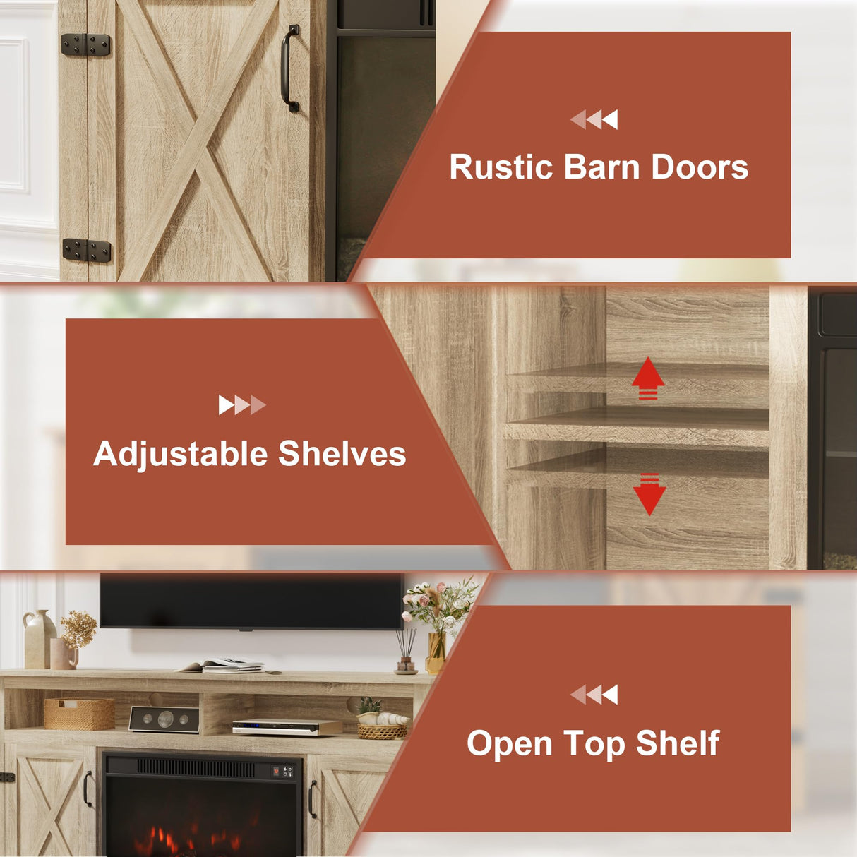 Furmax Farmhouse Fireplace TV Stand for TVs Up to 65 Inch Highboy Entertainment Center with Open Storage and Side Cabinets Rustic Media Console Table with Barn Doors for Living Room (Natural Oak) Furmax