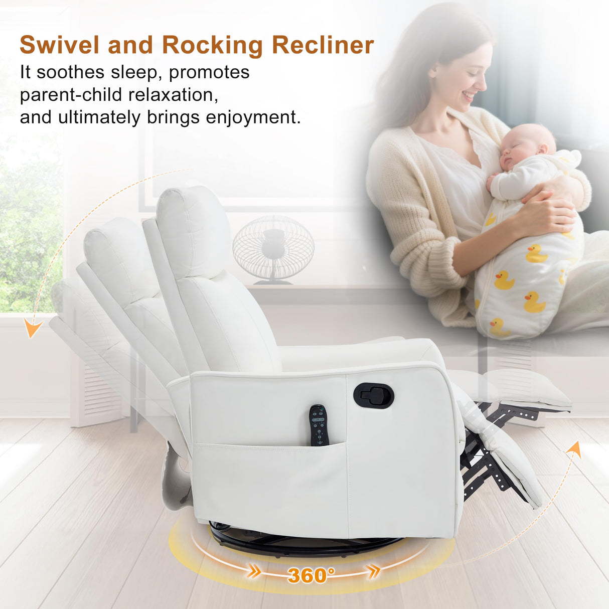 Manual Swivel Rocker Recliner Chair for Adults, Overstuffed Glider Chair for Nursery with Massage and Heat, Living Room Reclining Chair, Faux Leather White Luxlen