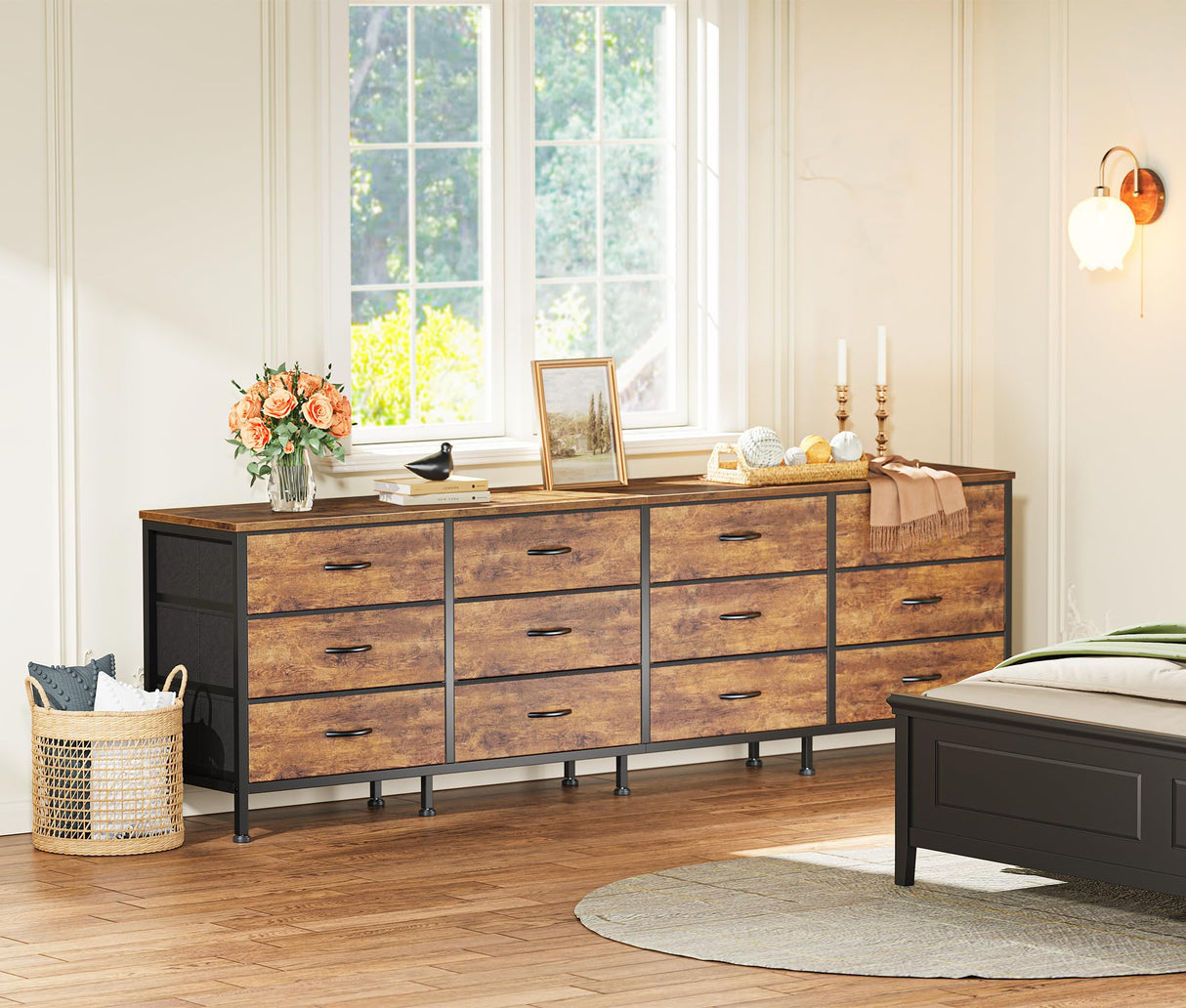 Huuger 70 Inch Dresser for Bedroom, TV Stand for 65, 75, 80 Inch TV, 12 Drawer Long Dresser, Large Dresser for Bedroom, Wide Chest of Drawer with Storage, Fabric Drawer for Living Room, Rustic Brown Huuger