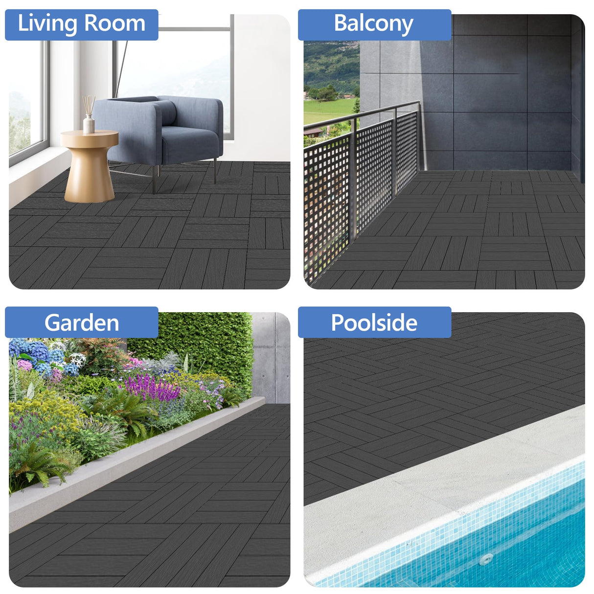 MYFAMIREA 9 Pcs Plastic Interlocking Deck Tiles 12" L x 12" W Patio Floor Decking Tiles Indoor Outdoor Waterproof Non-Slip Flooring Tiles All Weather Use for Balcony Backyard Porch Poolside, Dark Grey MYFAMIREA