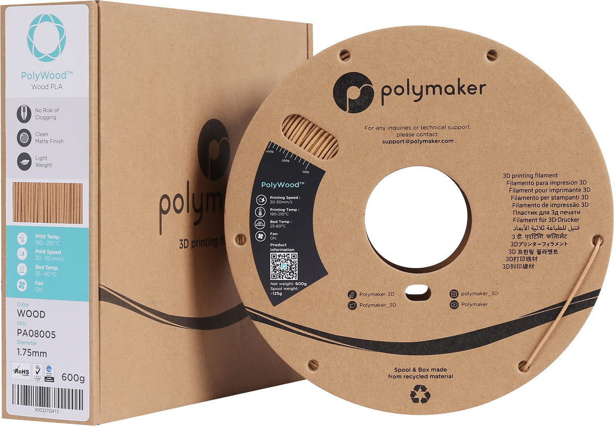 Polymaker Wood Minics PLA Filament 1.75mm 600g, Clog Free 3D Printer Filament Wood - PolyWood 1.75 PLA Filament with Wood Texture & Low Density & Jam Free with Foaming Technology Polymaker
