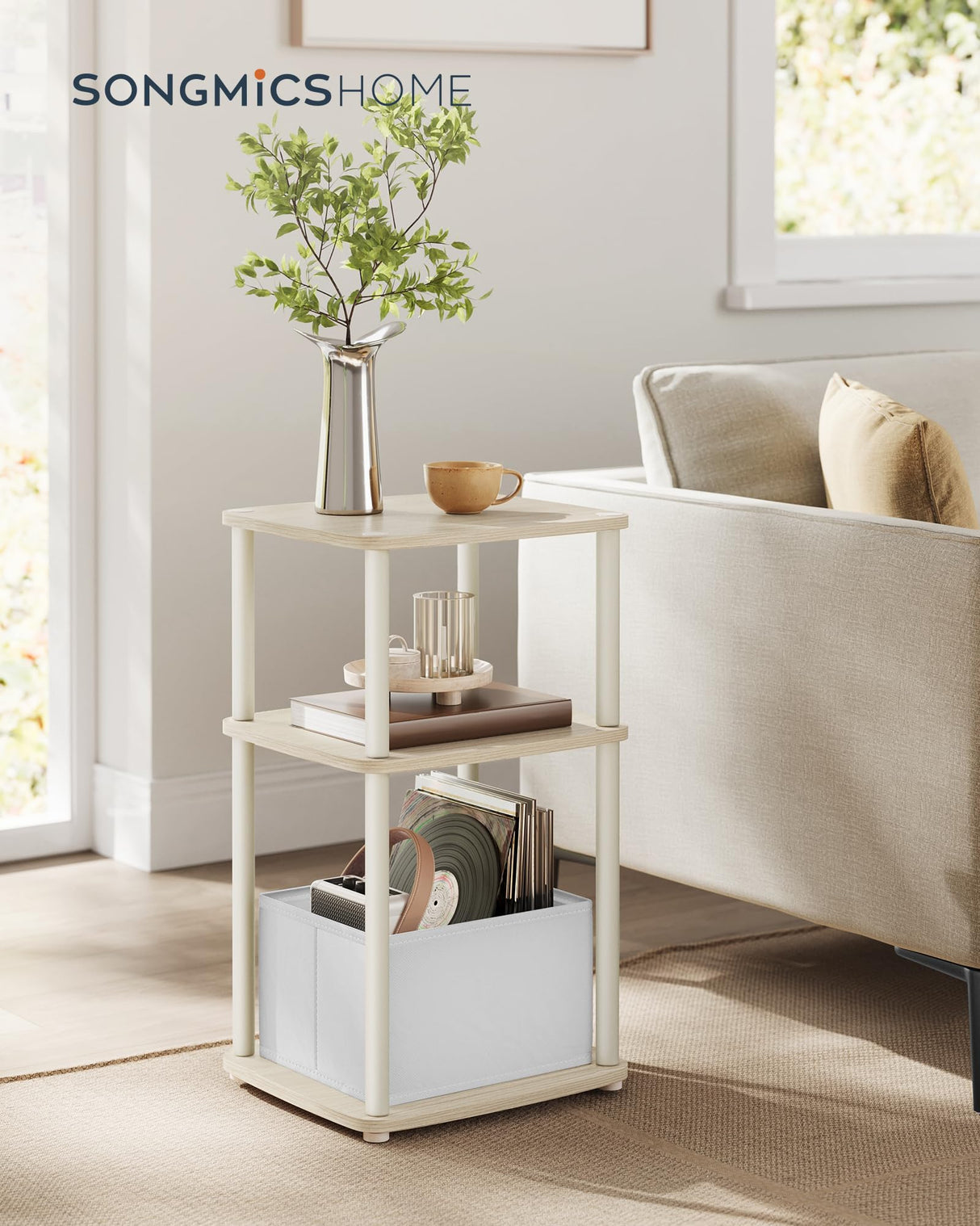 SONGMICS HOME Side Table, 3-Tier Nightstand with Storage, End Table with Fabric Basket, for Bedroom, Living Room, Steel Frame, Superfast Toolless Assembly, Modern, Natural Beige ULET286N01 SONGMICS HOME