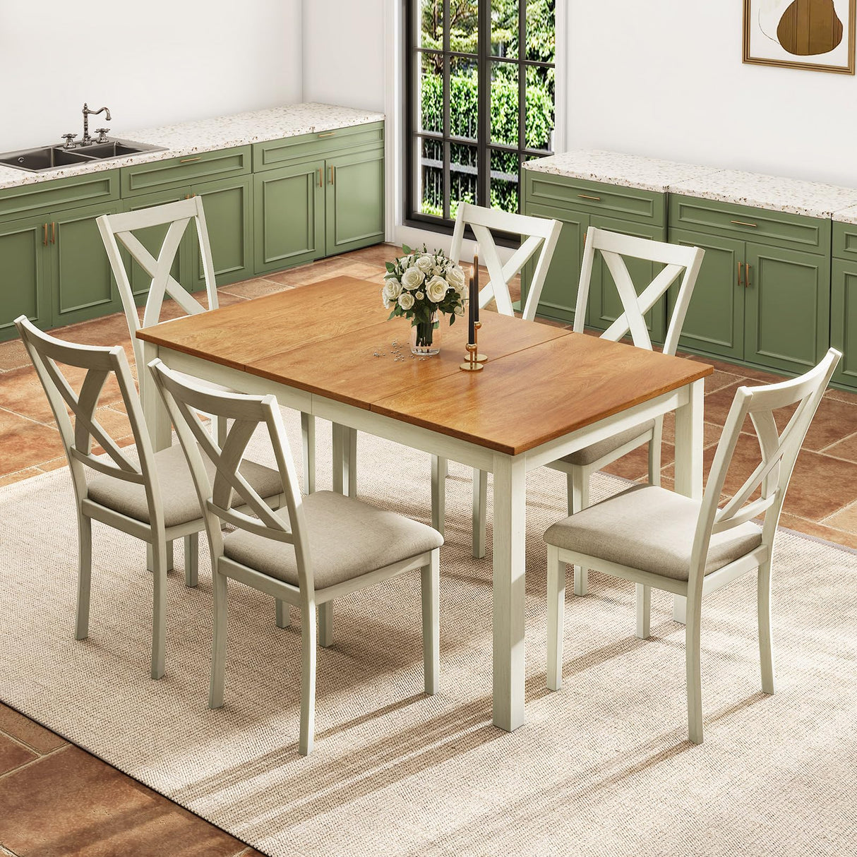 YUMPIE 7-Piece Dining Table Set for 6 People, 60" Wood Dining Kitchen Table & Chairs Set, Kitchen Table with Upholstered Chairs, Perfect for Restaurant YUMPIE