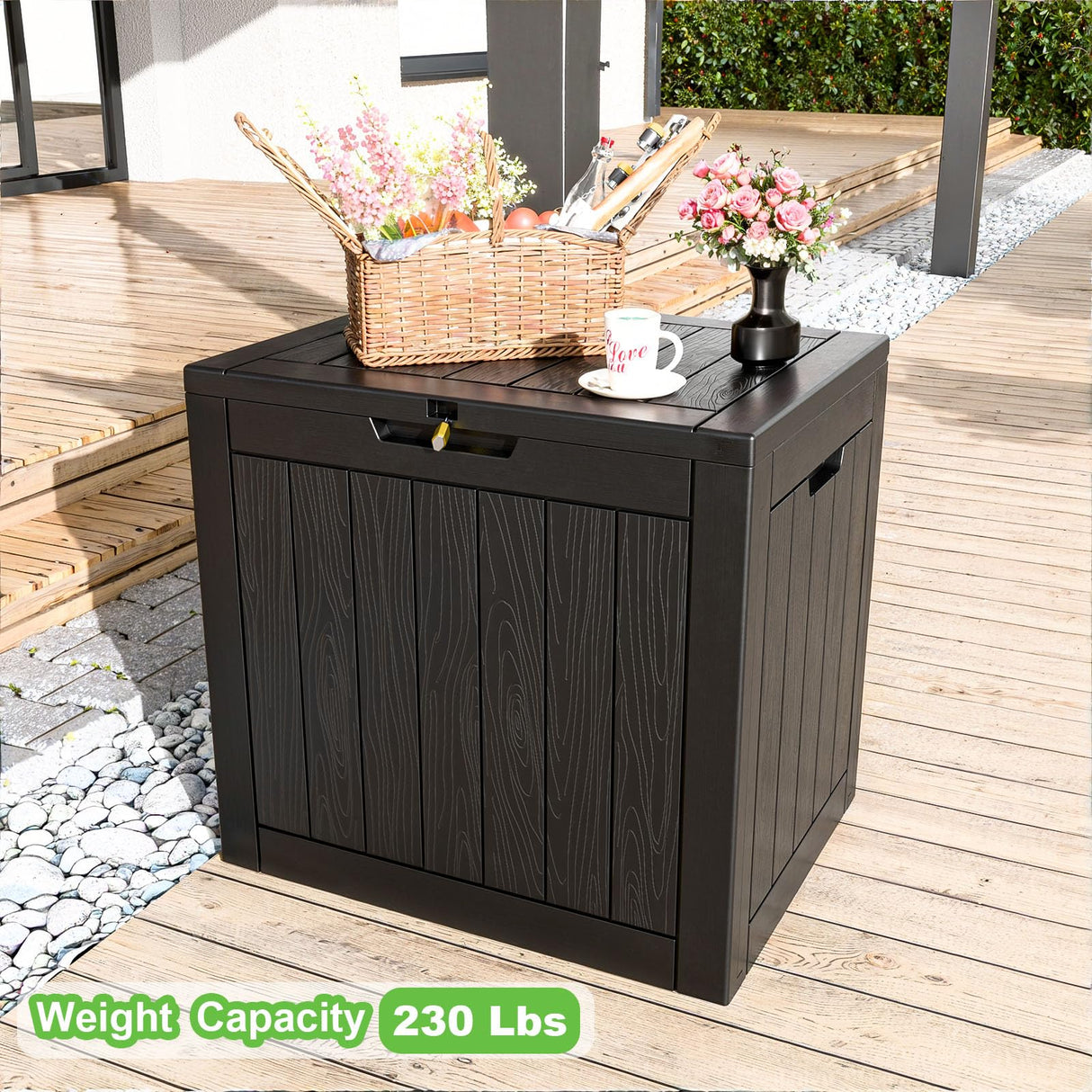 MAIUSCOLI 30 Gallon Outdoor Deck Box,Storage Lockable Waterproof Patio Furniture,Garden Tools,Cushions,Pool Accessories Outside Storage Resin Box(Black) MAIUSCOLI