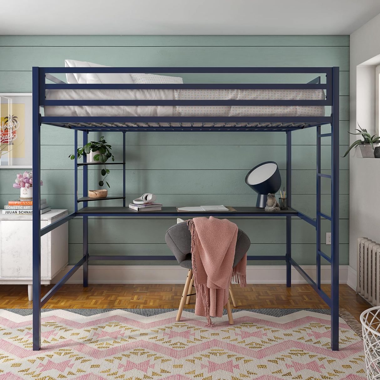 Novogratz Maxwell Metal Full Loft Bed with Desk & Shelves, Navy/Black Novogratz