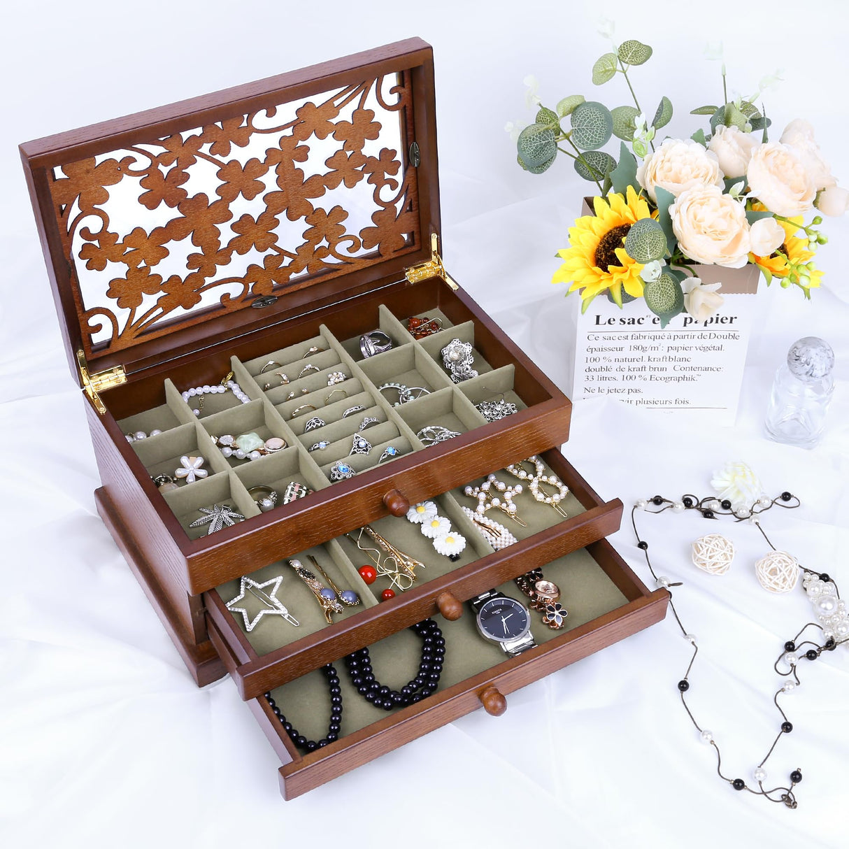 Kendal Wooden Jewelry Box for Women, Real Wooden Jewelry Holder Organizer Box with Four Leaf Clover Patterns, Graduation Gift Jewelry Boxes for Storage Earrings Rings Bracelet, Ideal Gift for Mom Kendal