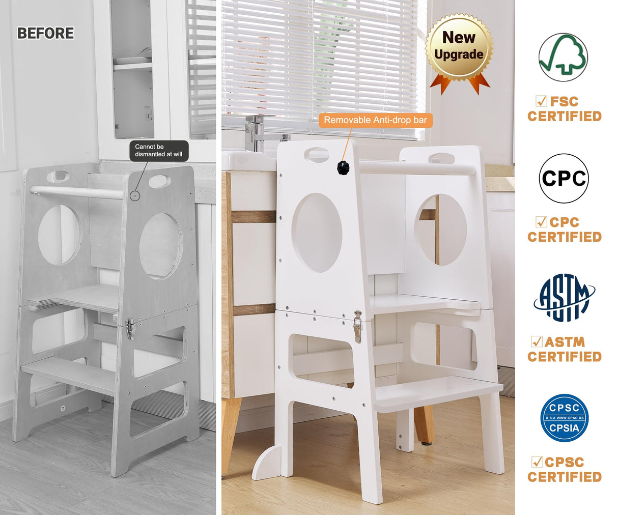 Foldable 4-in-1 Study Tower with Chalkboard for Learning, Montessori Kitchen Step Stool Toddlers Folding Stool for Kids 1-6years Ideal Helper (White) FANABAS