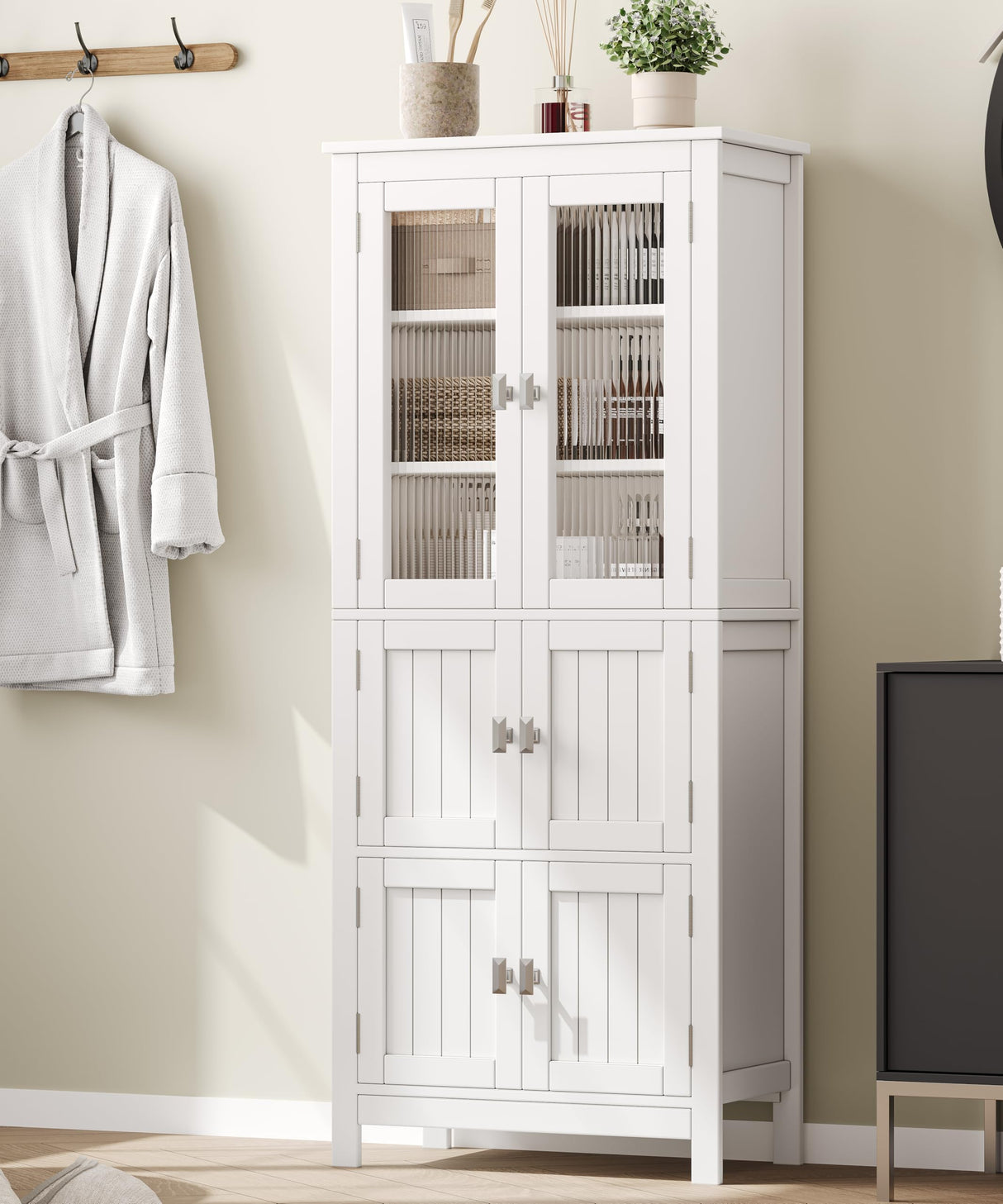 Akxomel 53.1" Tall Bathroom Storage Cabinet with 6 Doors and Adjustable Shlef, Bathroom Organizers and Storage, Linen Cabinet, Cupboard for Living Room, Kitchen, Entryway, White Akxomel