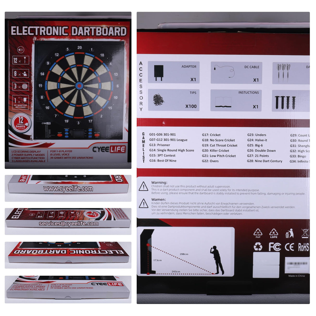 CyeeLife Electronic Dartboard&12 Soft Darts,8 Players&34 Games&255 Variations,Battery/Adapter/3 Languages Switching for Professional Dart Games CyeeLife