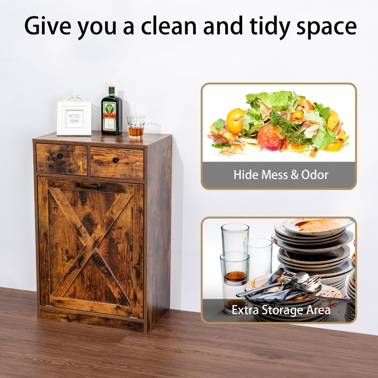 Zedesey 13 Gallon Tilt Out Trash Cabinet with 2 Drawers Wood Hidden Kitchen Recycling Cabinet Free Standing Pet Proof Trash Can Laundry Cabinet for Kitchen (Rustic Brown) Zedesey