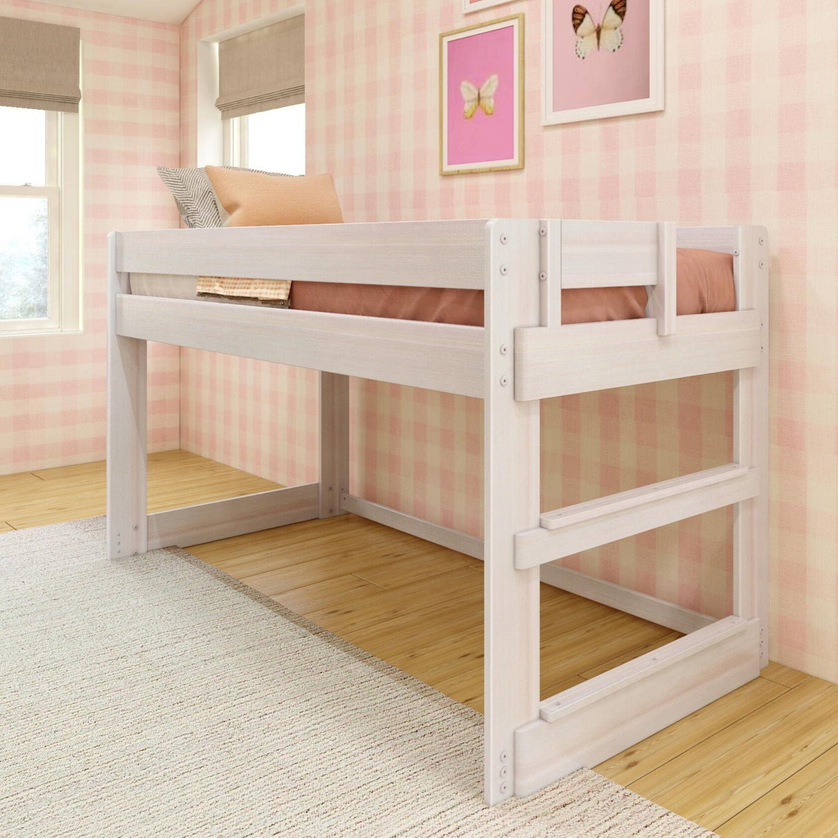 Max & Lily Modern Farmhouse Low Loft Bed, Twin Bed Frame For Kids, White Wash Max & Lily