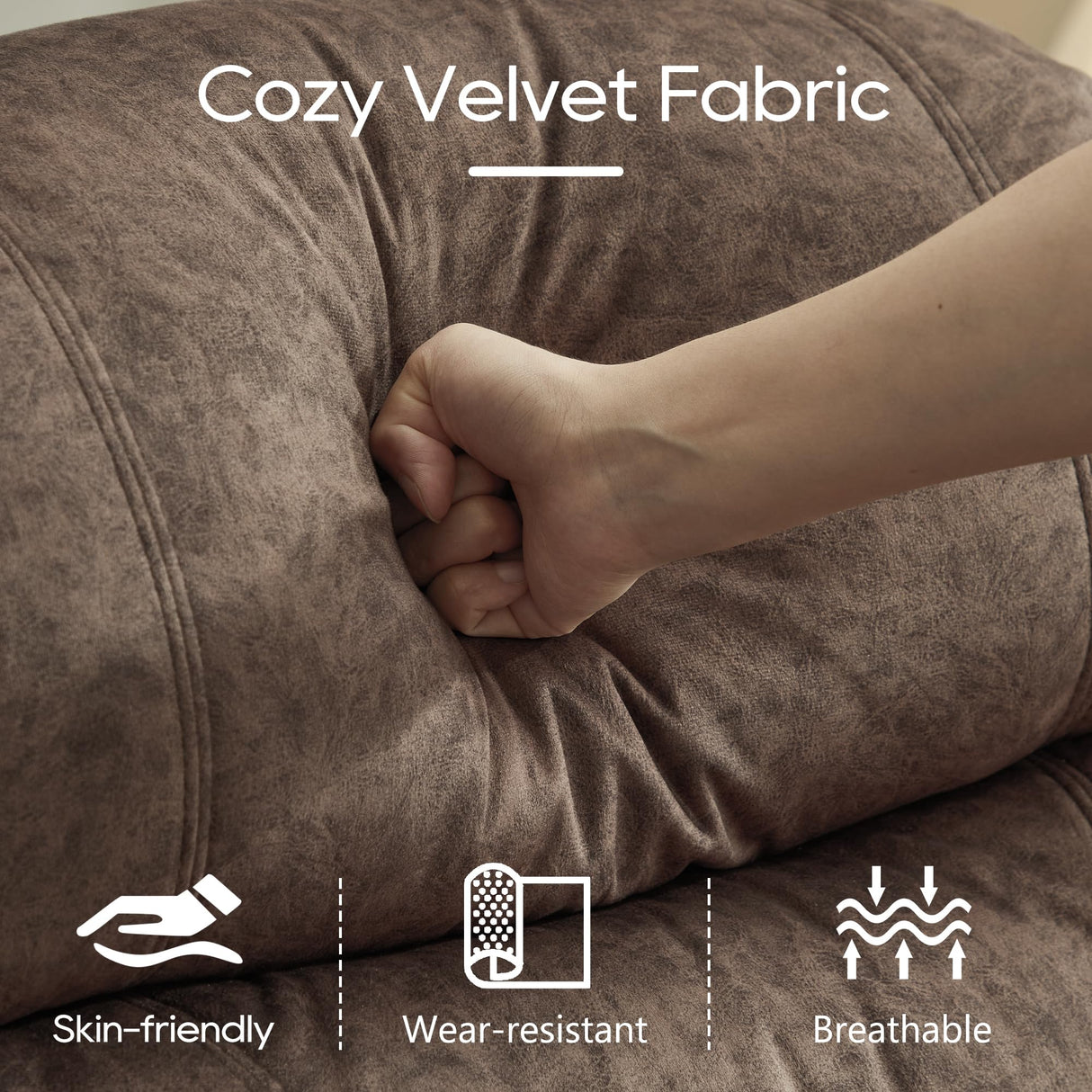 DRMBOOK RV Loveseat Recliner Sofa with Console, Velvet Fabric Double Wall Hugger Reclining Couch Manual Home Movie Seating 2 Person Recliner Chair with Cup Holders/Storage/Pocket/Lumbar Pillow, Brown DRMBOOK