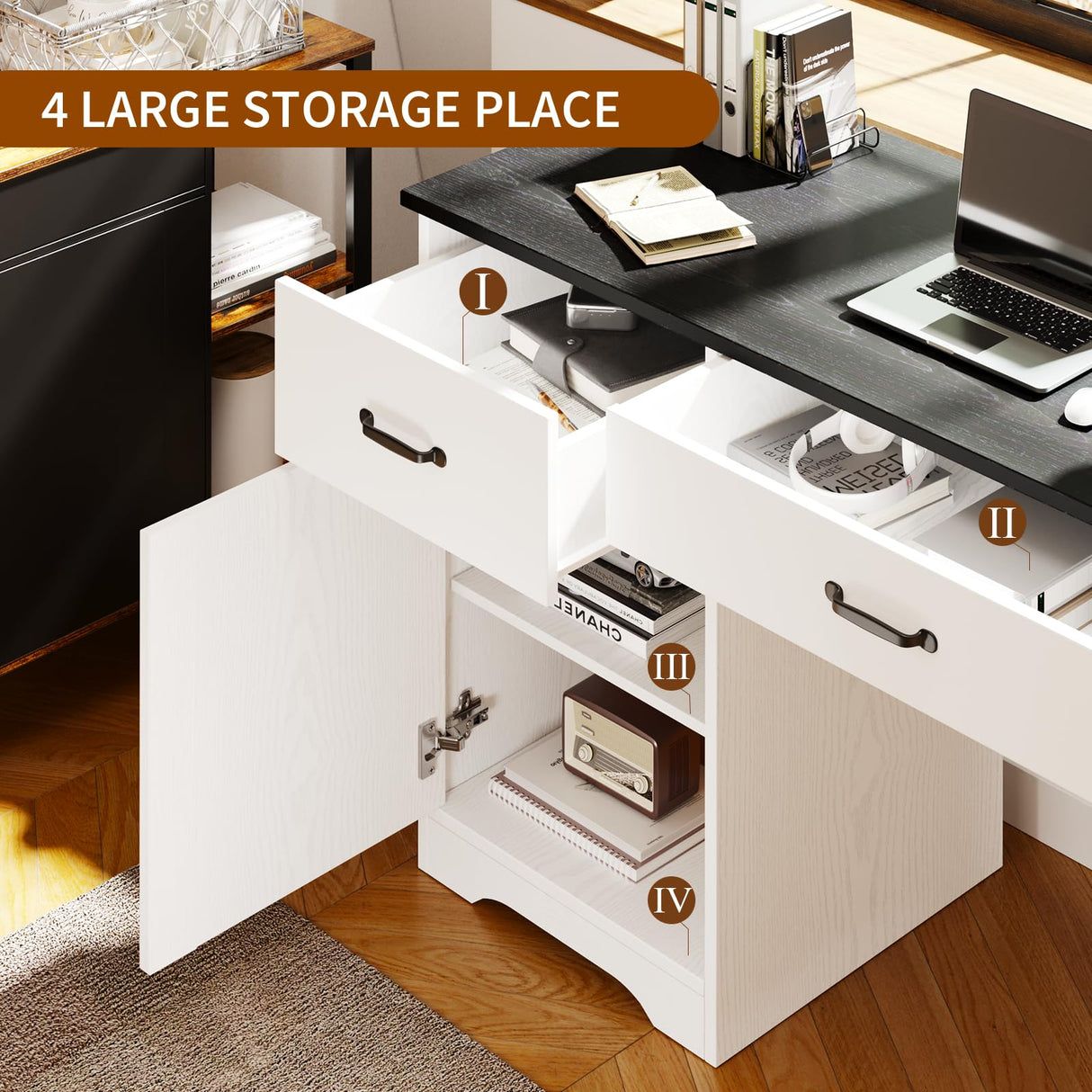 MaverickFurni White Desk with Drawers, Farmhouse Computer Desk with Drawers and Cabinet, 48 Inch Rustic Executive Office Desk for Home Office and Study MaverickFurni