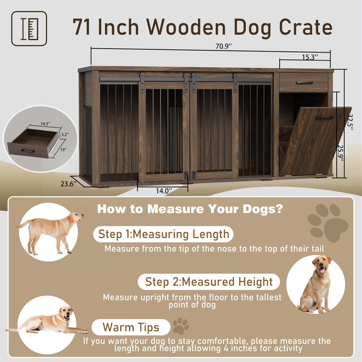 YOCONYO Large Dog Crate Furniture Large Breed,71 Inch Wooden Dog Crate with Tilt Out Trash Cabinet,Drawers,Divider and Sliding Barn Door, Double Doors Dogs Crate for 2 Dogs (Brown) YOCONYO