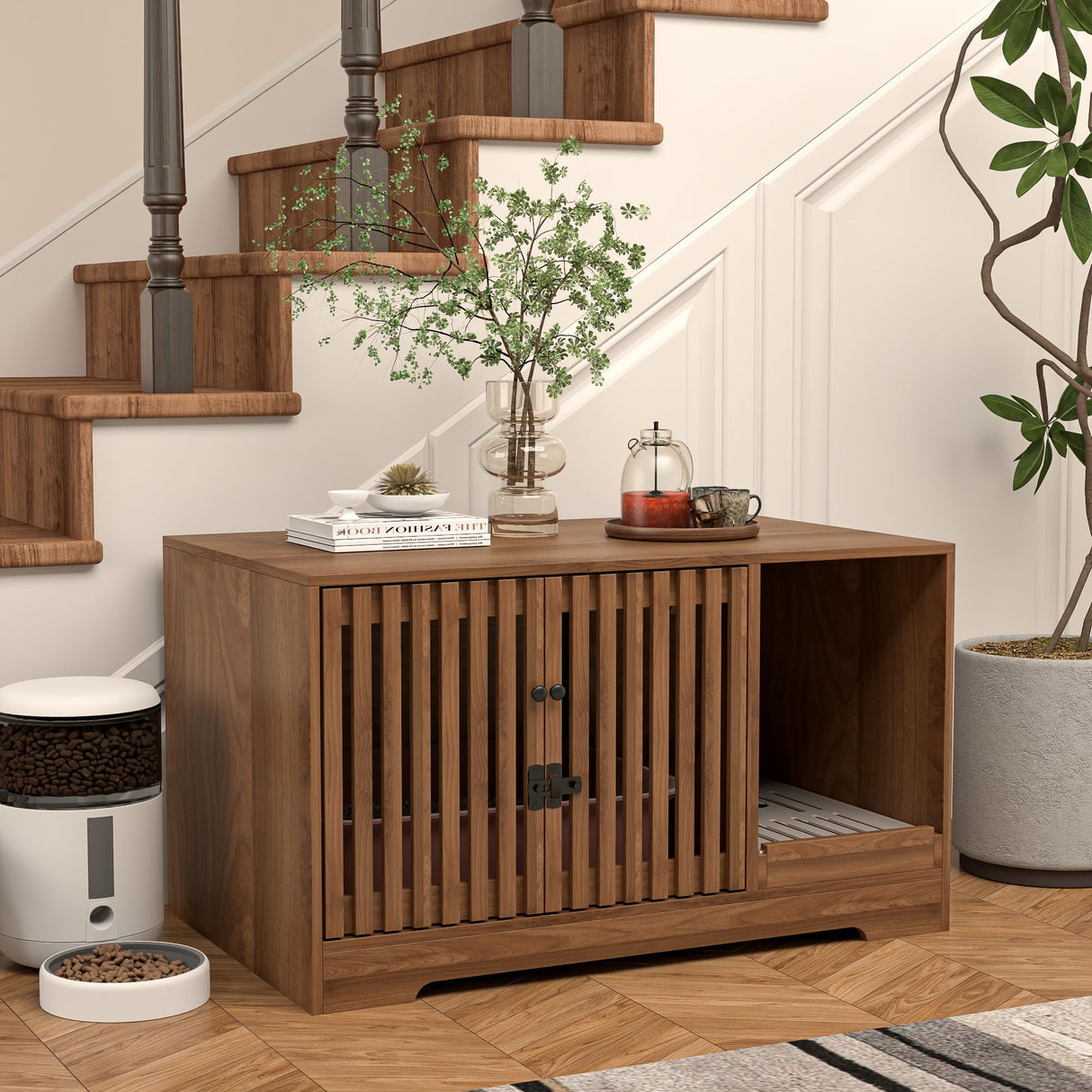 Cat Litter Box Enclosure Furniture, Hidden Litter Box Cabinet with Scratch Pad, Modern Wooden Cat House Washroom End Table for Living Room (Walnut) Athuiline