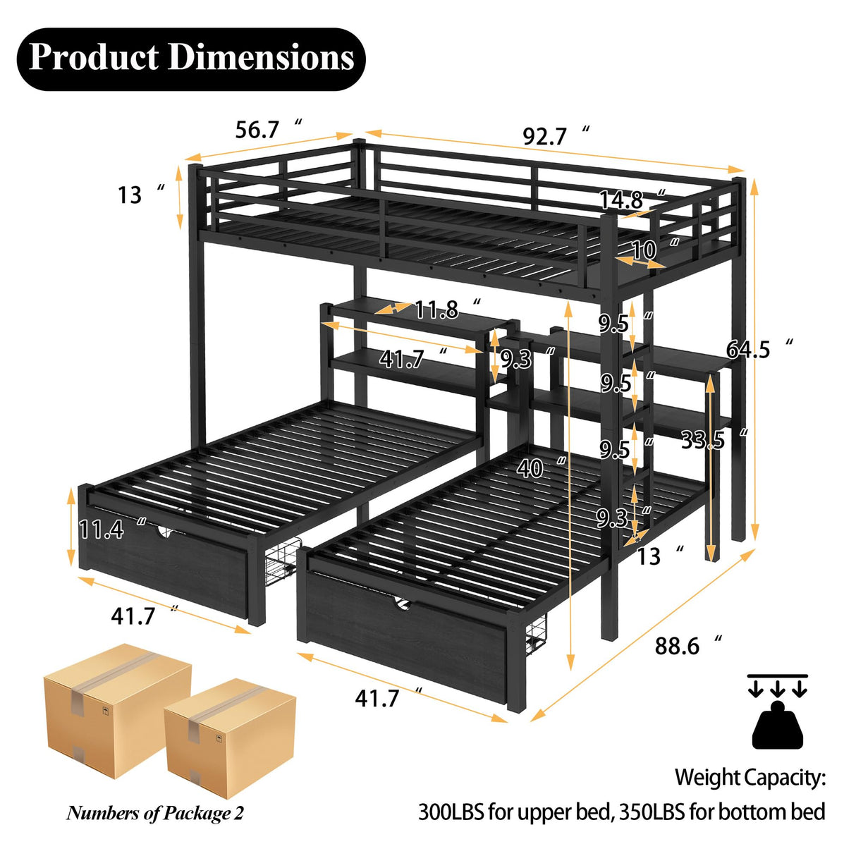 Harper & Bright Designs Triple Bunk Bed for Kids, Full XL Over Twin Over Twin Metal Bunk Beds with Drawers & 2 Shelves & USB, Triple Bunk Beds for Kids,Teens, Adults, Black Harper & Bright Designs