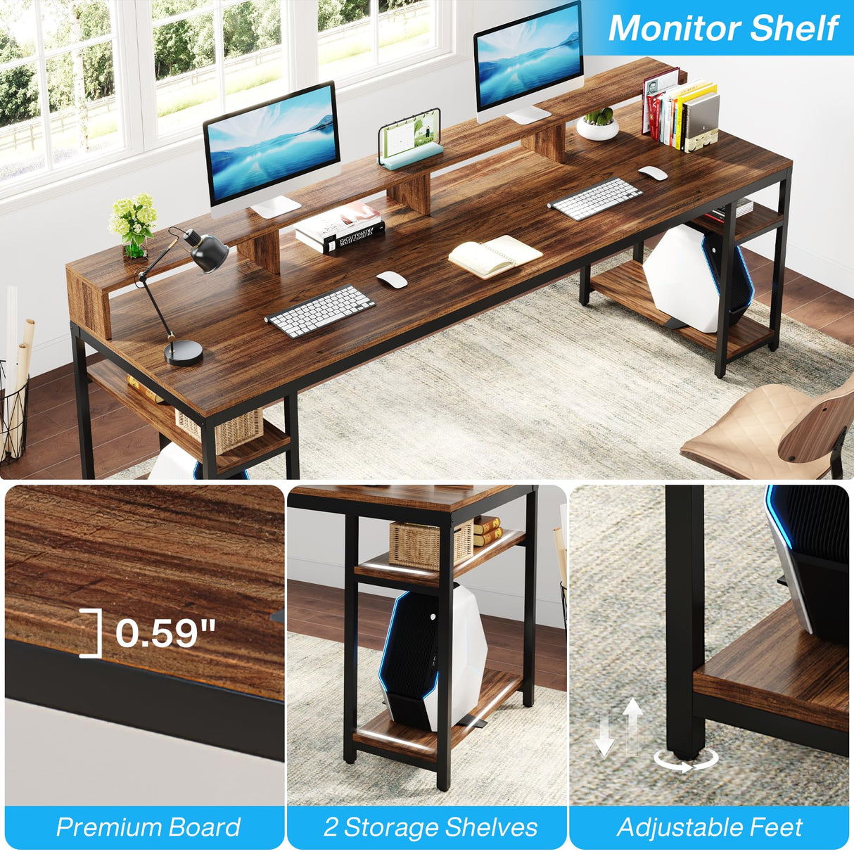 Tribesigns Two Person Desk with Monitor Stand, 78.74" Long Double Computer Office Desk with Storage Shelves, Large Gaming Desk Study Writing Table Workstation for Home Office, Rustic Brown Tribesigns