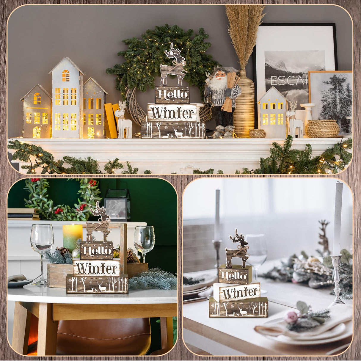 Moucuny 4 Pcs Winter Elk Table Sign Christmas Animal Wooden Elk Table Decorative Signage Winter Tiered Tray Decor Christmas Centerpieces Farmhouse Wooden Block Set Xmas Table Sign for Christmas Home Moucuny
