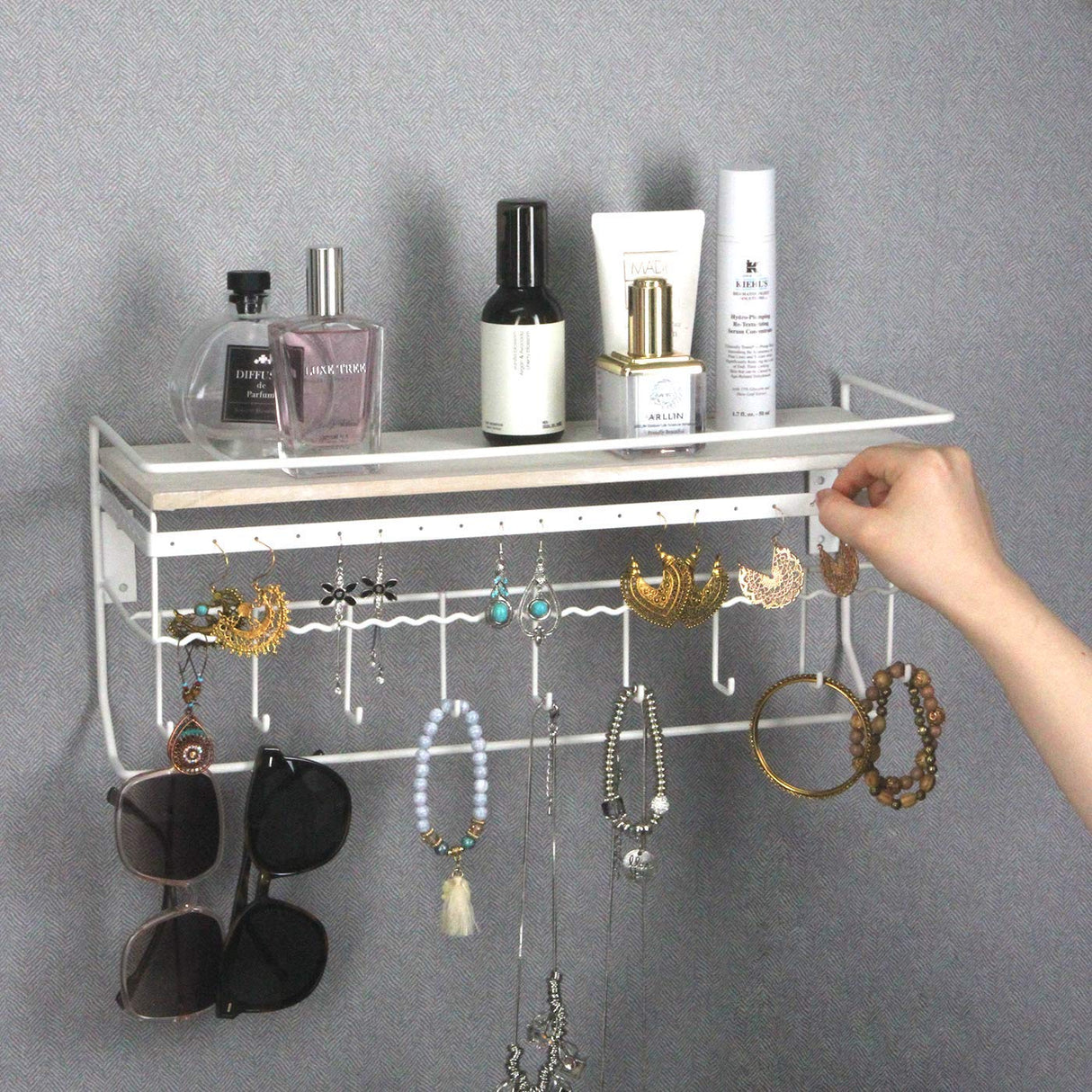 JackCubeDesign Hanging Jewelry Organizer with 9 Hooks, Wall Mount Necklace Earring Bracelet Sunglass Holder with Wood Shelf (White Metal) - MK237D J JACKCUBE DESIGN