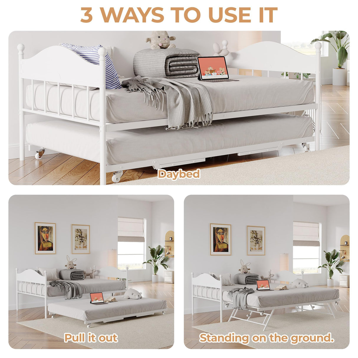Daybed with Trundle, Metal Twin Size Day Bed with Stylish Headboard, Sofa BedFrame with Pop Up Foldable Trundle Bed, Heavy Duty Steel Slats Platform for Living Room, Bedroom and Guest Room, White IDEALHOUSE