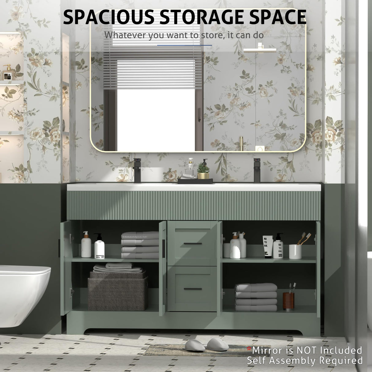 eclife 60" Bathroom Vanities Sink Combo with Painted Surface, Modern Drawered Cabinet W/Decorative Wave Lines, Undermount Double Sink, Matte Black Faucet Drain, Green eclife