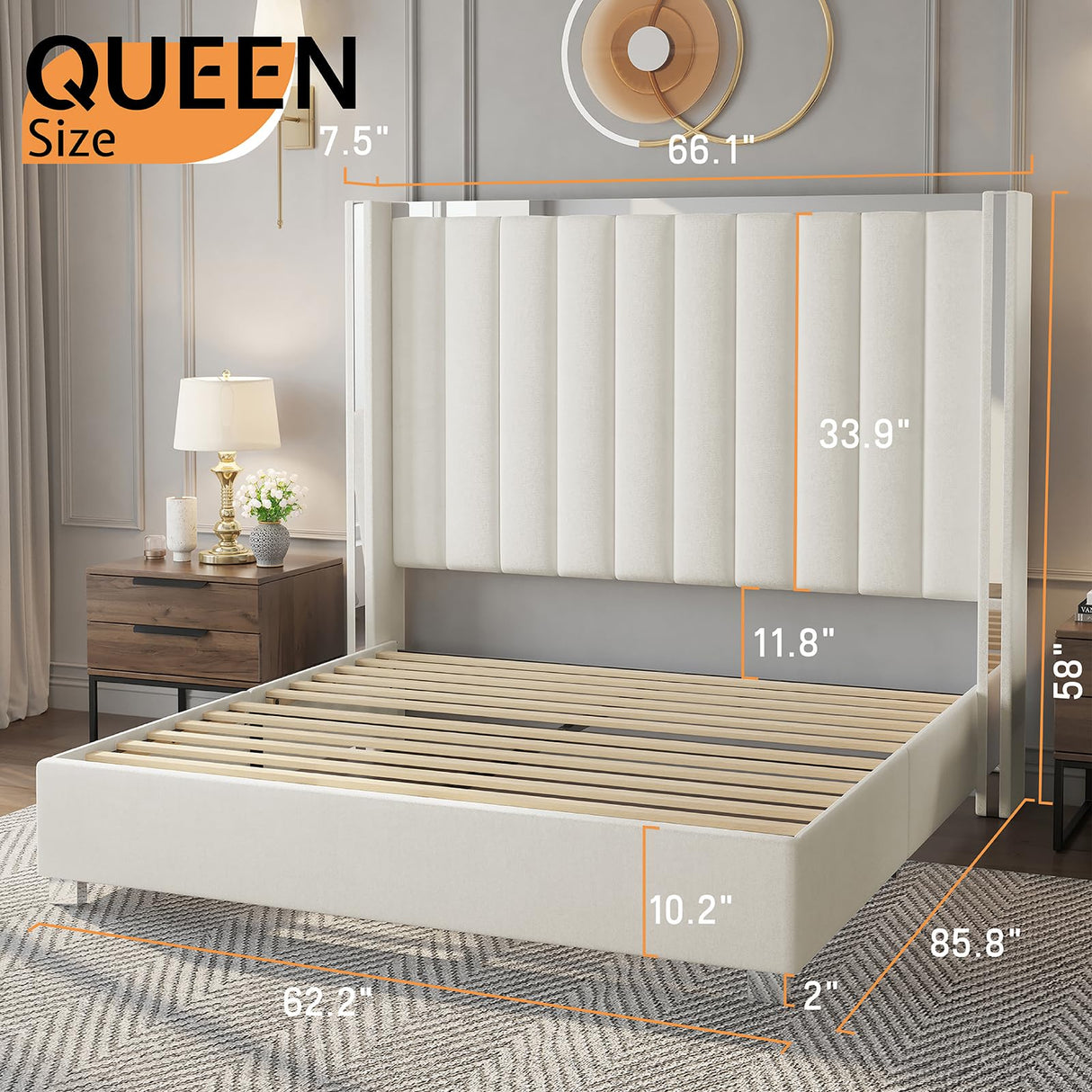 Jocisland Queen Size Bed Frame with 58" Tall Headboard, Platform Velvet Upholstered Bed with Channel Tufted Wingback Headboard and Plating Trim, No Box Spring Needed, White Cream Jocisland