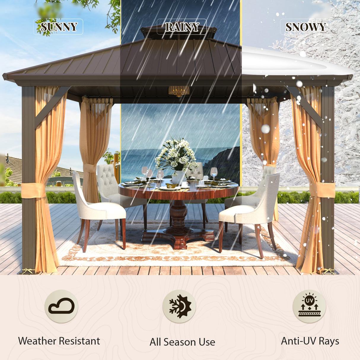 YOLENY 12' x 12' Hardtop Gazebo, Metal Gazebos with Aluminum Frame, Double Galvanized Steel Roof, Curtains and Netting Included, Pergolas for Patios, Garden, Parties, Lawns YOLENY