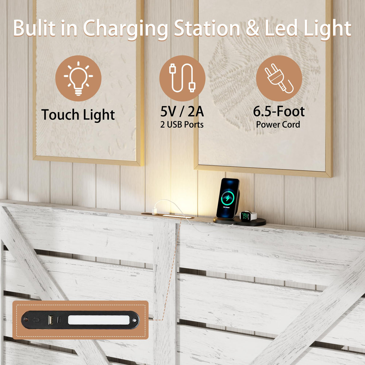 FSTAR King Size Wooden Farmhouse Bed Frame with Headboard, Boho Platform Bedframe with Charging Station & Led Lights, Heavy Duty Metal Slats, Noise Free, No Box Spring Needed, White FSTAR